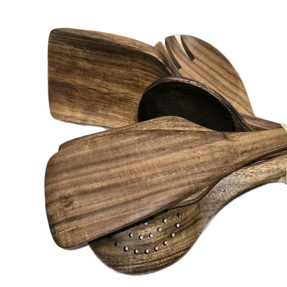 Mooues Acacia Wood Utensil Set w Holder 8pc GUC Rustic Kitchen 🍴